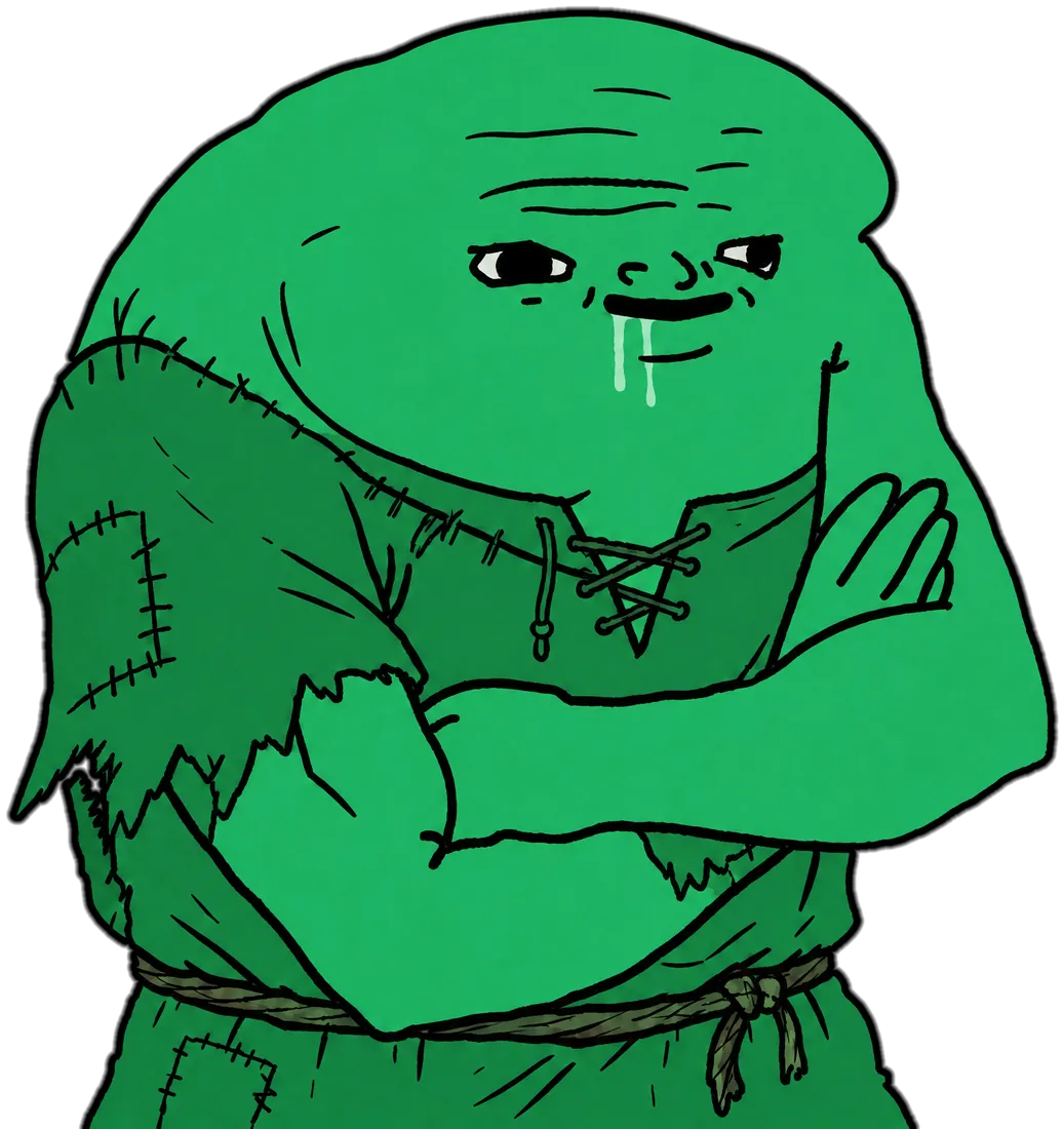 HUNCHJAK, a lumpy green wojak, pops out of the bush